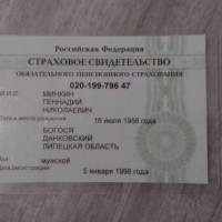 Найдено страховое свидетельство на имя Минкин Геннадий Николаевич